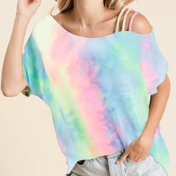 ✨NWT BiBi Tie Dye French Terry Strapped One Shoulder Top - Picture 1 of 7